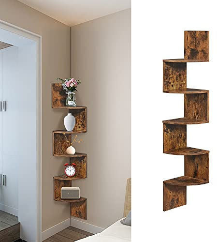 Scaffale Angolare a 5 Ripiani, Mensola Angolare da Muro, Libreria Scaffale Angolare in Legno, Portaoggetti Mensola per Camera da Letto Soggiorno Cucina Studio Ufficio, 20×20×123 cm (Marrone vintage)
