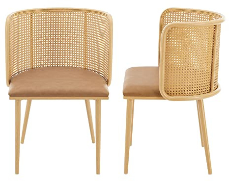 [en.casa] Set med 2 matstolar kök design sits imitation ryggstöd rotting, metallben, 75 x 52 x 49 cm, brun träeffekt