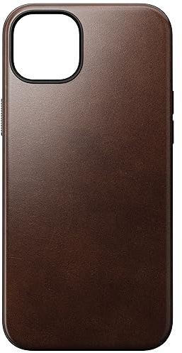 NOMAD Modern Leather Case for iPhone 15 Plus - Rustic Brown, Wireless Charging Compatible, 360° Raised Edges & Drop Protection