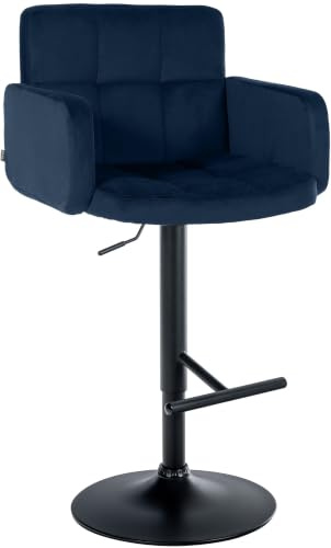 CLP Barhocker mit Lehne Los Angeles, Barstuhl gepolstert Samt, Tresenstuhl mit Fußstütze höhenverstellbar und drehbar, bis 150 kg Farbe blau Gestell Farbe schwarz