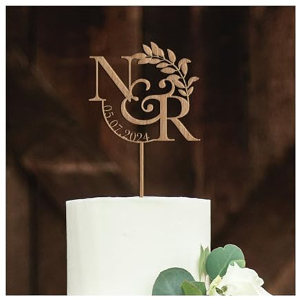 Pomchick - Wooden Wedding or Engagement Cake Topper with a Date and Initials Anniversary Personalised Custom Engagement Wood Decor Bridal Shower