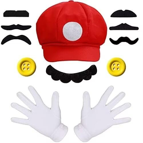iZoeL Mario und Lui gi Kostüm Accessories Mütze Hut Handschuhe Bart gelbe Knöpfe Faschingkostüme für Fasching Karneval Halloween Cosplay Mottoparty Kostüm für Damen Herren