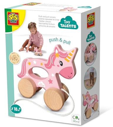 SES Creative 13137 Nachziehtier Einhorn aus Holz, 2 in 1, Laufspielzeug für Kleinkinder