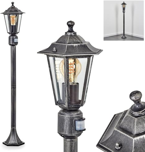 HOFSTEIN Außenstehleuchte Loria, Außenwegeleuchte mit Bewegungsmelder aus Metall/Glas in Schwarz-Silber/Klar, Wegeleuchte im Landhaus/Antik/Retro-Design für Garten, Außenbereich, Hof, 107cm, E27, IP44