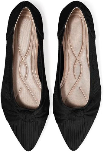 TINGRISE Women's Flats Shoes Comfortable Dressy Pointed Toe Knit Washable Ballet Flat Black US7