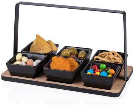 Murago - Vorspeisenset 7-teilig - Snackschalen Set Servierschalen Bambusteller Snacktellerset Tischdeko Tapas schwarz Dipschalen Bambusholz Schälchen