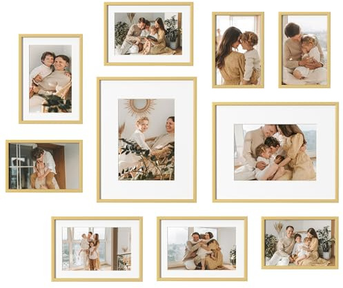 eletecpro Aluminum Gallery Wall Frame Set of 10, Including 2Pcs 8x10, 4Pcs 5x7, 4Pcs 4x6 Photo Frames for Wall or Tabletop Display, Multiple Sizes Picture Frames Collage Wall Decor, Gold
