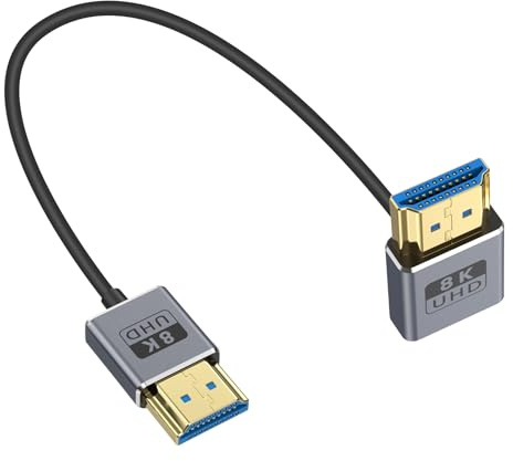 Duttek 8K kort HDMI 90 graders adapterkabel 1FT/30 cm [48 Gbps, 8 K @60 Hz, 4K @240Hz] ultratunn/koaxial nedvinkel HDMI hane till hankabel OD2,5 mm, dynamisk HDR, eARC, för GH5S, PS5, Xbox One-skärm