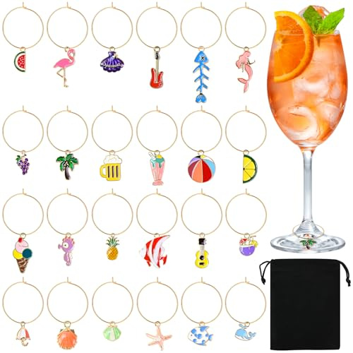 Alethron Glasmarkierer, 24 Stück Glas Markierung Trinkgläser, Wiederverwendbare Weinglas Anhänger Gläser Markieren Glasmarkierer & Anhänger Glasanhänger für Stielgläser Party Glasflasche Dekoration