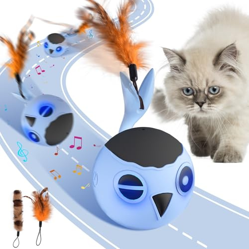 GoldenSun Katzenspielzeug, Interaktiver Katzenspielzeugball für Hauskatzen, Automatisch Beweglicher Blauer Ball, Schnell Bewegliches, Zwitscherndes, Anregendes Licht