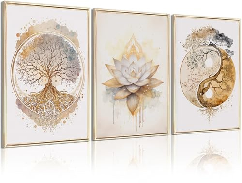 Lhoiplme Tree of Life Wall Art Zen Lotus Canvas Wall Decor Yoga Spiritual Room Art Paintings Yin Yang Abstract Decor Artwork Spa Yoga Tree Pictures for Living Room Bedroom 8x10 Inch Unframed Set of 3