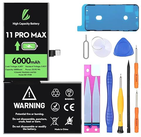 LL TRADER Akku für iPhone 11 Pro Max, 6000 mAh hohe Kapazität Lithium-Polymer-Akku mit Reparaturwerkzeug