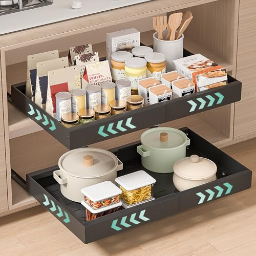 PNNP 2 Pezzi Cassetto Estraibile Cucina: Cassetti Telescopico Armadio - Cestelli Estraibili per Cucina a Larghezza Regolabile (32-53 cm L x 43 cm P x 7 cm A) - Nessuna Foratura | Nero