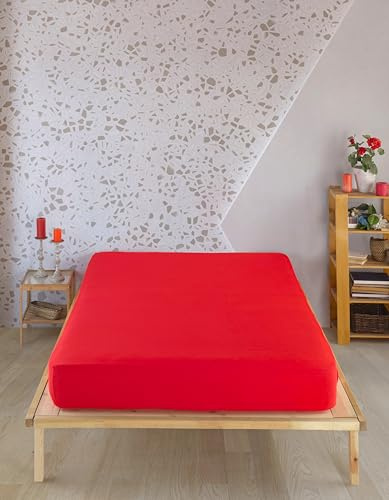 Vency Sábana bajera ajustable en jersey de alta calidad, 90 x 200 cm, rojo, 100% algodón, sábana con esquinas ajustables de 90 x 200 cm hasta 35 cm, altura para colchón rojo