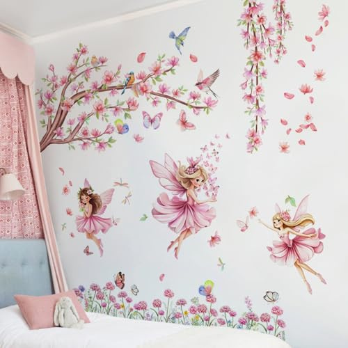 Stor rosa blomma trädgren väggdekaler, blommor fåglar fjärilar alver väggklistermärken, vardagsrum sovrum tv bakgrund väggdekor
