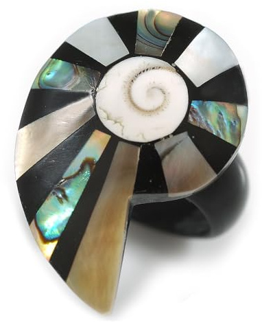 Handmade Shell Spiral Mosaic Ring with Mother of Pearl & Abalone (Slight Variation In Colour/Natural Irregularities) - size N