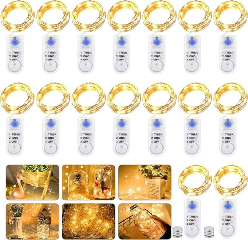 LED Lichterkette Batterie mit Timer, 16 Stück 2M 20LED Micro Batterie-betrieben Kupfer Drahtlichterkette Warmweiß Weihnachtsbeleuchtung für Zimmer, Innen, Weihnachten, Außen, Party, Hochzeit, DIY