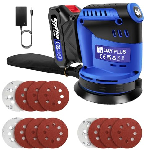 21V Cordless Random Orbital Sander - 3-Step Speed with Battery and Fast Charger, 125mm Wheel, 12 Sanding Papers, Dust Bag Perfect for Wood and Steel Surfaces