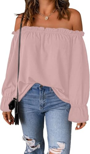 ROFUSSO Camicette Eleganti da Donna Top a Maniche Lunghe con Spalle Scoperte Camicetta Elegante con Volant Top Casual a Maniche Lunghe Perfetti per la Primavera e l'Autunno(Rosa,S)