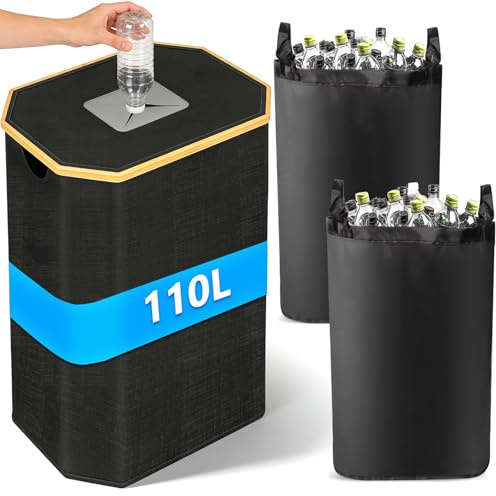 KDISHKRA 110L Raccoglitore di Bottiglie con Foro, Contenitore per Pegni con 2 Borsa Interna Rimovibile, Pattumiera Differenziata per Bottiglia per Bottiglie di Plastica, Cucina Ripostiglio (Nero)