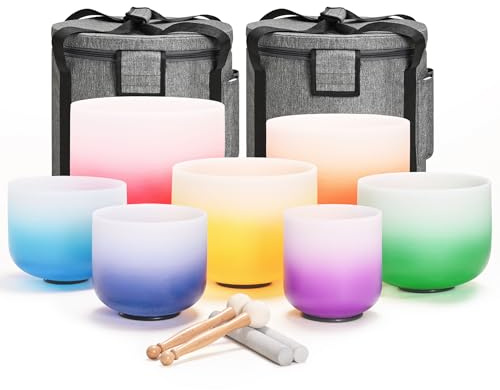 CVNC 432HZ 6-12 Zoll Set von 7 PCS Aria Gradient Design Frosted Quartz Kristall Singen Schüsseln mit 2 PCS Tragetasche für Klangheilung und Therapie Meditation