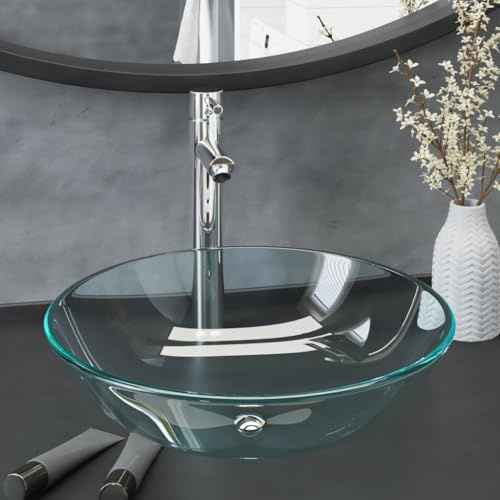 Evier Cuisine,Lavabo de bain avec robinet et drain à poussoir Verre trempé,Meuble Lave Main Wc pour Cuisine, Wc d'invités