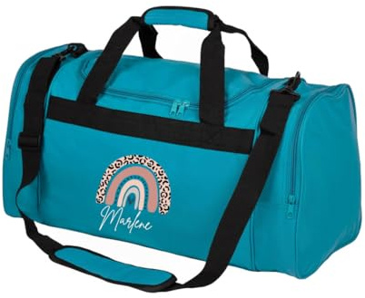minimutz Kindersporttasche personalisiert Regenbogen, Reisetasche Mädchen groß, Sporttasche Rainbow Leo-Print Kinder mit Name 26L (türkis)