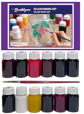 Bastelzone Glasfarbe 12x30 ml mit Pinsel für Erwachsene | Transparente Glasmalfarben auf Wasserbasis für dekorative Gestaltung
