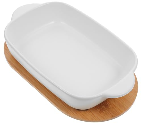 OSALADI Rectangular Ceramic Baking Dish with Wooden Lid for Oven Use, Scratch Resistant and Easy to Move, for Serving Meat or Chicken, 650ml Capacity, Classical Style Bakeware