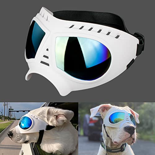 NAMSAN Hundebrille Anti-UV Wasserdicht Winddicht Einstellbar Sonnenbrille Mode Hunde Schutzbrille für Mittlere/Große Hunde-Weiß