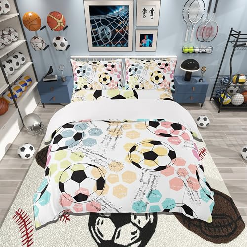 Kids Football Bedding Set Sports Theme Comforter Cover for Child Boys Girls Soccer Ball Pattern Duvet Cover Breathable Colorful Grunge Style Bedspread Cover Room Decor Quilt Cover Single Size