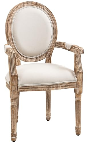 HOMCOM Esszimmerstuhl mit Retro-Design, Leinen-Optik, Cremeweiß+Holzfarbe | Küchenstuhl, Dicke Polsterung, Armlehnen, Rückenlehne, Wohnzimmerstuhl, Polsterstuhl für Esstisch, Gummiholz