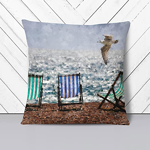 Big Box Art Seagull Over Brighton Beach Deckchairs Painting - Cushion Cover Throw Pillow with Insert for Sofa Chair Bed - Stone Rear - 40x40 cm
