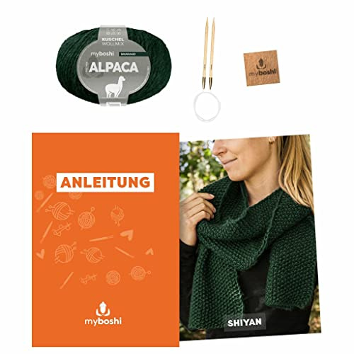 myboshi Strickset Schal Shiyan, inkl. Alpaca Wolle, Nadel und Anleitung, für Oberbekleidung, Strickpaket, 10% Alpaka, 25% Schurwolle Grün, mit Rundstricknadel