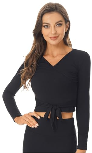 Kaerm Damen Ballett Wickeljacke Gymnastik Tanz Ballettjacke Lange Ärmel Tanz Jäckchen V-ausschnitt Cardigan Tanz Wickeltop Für Frauen Gr. S-xxl Schwarz M