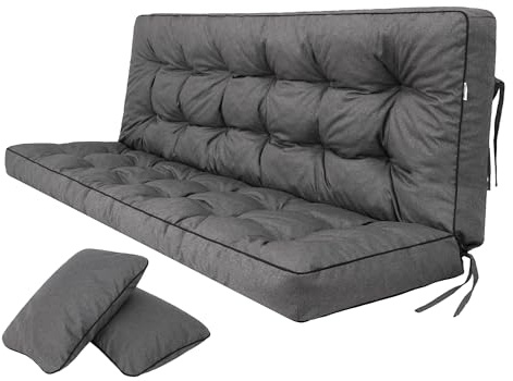 Bjird Cojin para Banco - Cojines Blandos de Asiento y Respaldo para Tumbonas, Bancos de Jardín, Columpios de Patio, Suelo - Impermeables con Diseño Acolchado y Correas - 150 cm - Grafito