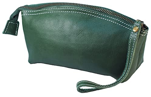 BAWAKO Premium Lederetui Clutch Kosmetiktasche Schminktasche aus Echtleder, Schickes Federmäppchen Kleines Mäppchen für Damen und Mädchen (Grün)