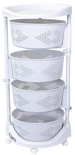 dbest Products Octopus 360 4 Tier Rolling cart Kitchen Organization Plastic Rotating Fruit Basket Teacher Classroom Supplies Organizer Makeup Storage Hair Salon Trolley Swivel Lockable Wheels Bar