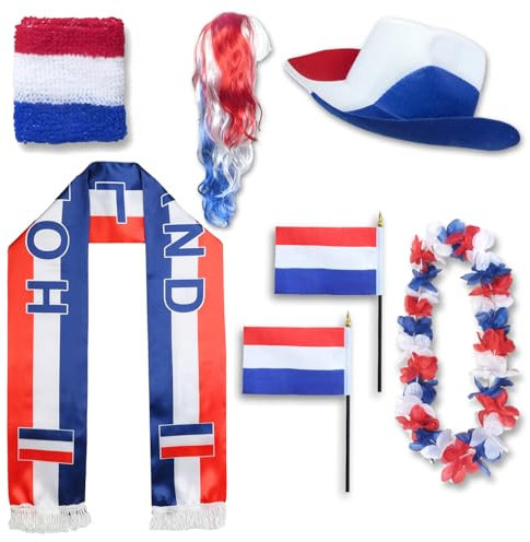 Sonia Originelli Fanset Fanartikel Fanhut Blumenkette Fanschal Schweißband Fähnchen Perücke WM EM Farbe: Niederlande Langhaar Locken