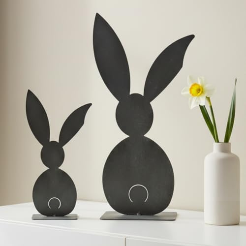 Terma Stahldesign Osterdeko XXL Osterhasen Set mit Bodenplatte grau mit Bodenplatte Handmade Germany Osterdeko für draußen und drinnen Gartendeko Frühling Metall Deko Ostern Hase außen innen