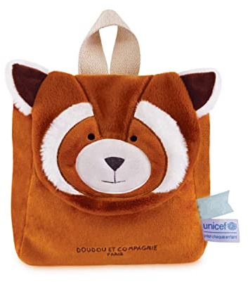 Doudou et Compagnie - Rucksack Panda rot – UNICEF – 20 x 20 x 10 cm – Klettverschluss – verstellbare Träger – Geschenkidee zur Geburt für Mädchen und Jungen – ab 18 Monaten – DC4063