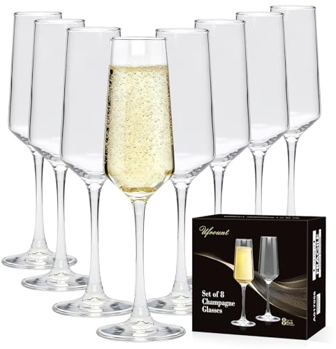 Ufrount Champagne Glasses Set of 8,Elegant 8oz Champagne Flutes,Clear Sparkling Champagne Flutes Glass Mimosa Glass for Prosecco,Restaurant,Wedding,Party,Anniversary