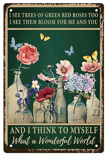 CREATCABIN Flowers Tin Signs Butterfly Metal Sign Vintage Plaques Poster Plaque Decor Retro Posters Gallery Wall Art Print Vase flower Hanging Painting with Quotes for Garden Summer Gifts 8x12 Inch