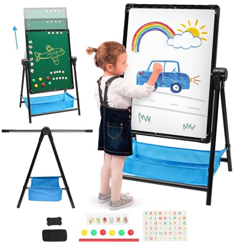 Kinder Staffelei Doppelseitige Eisen Staffelei Höhenverstellbar Zeichenbrett Verstellbarer Ständer 360° Drehbar Whiteboard Und Kreidetafel Für Kinder Ab 3 Jahren (Schwarz)