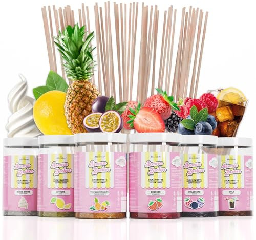 Belissia Aromazucker | 250g Zuckerwatte Zucker mit Partyset 6 x | Intensiver Aromazucker für jede Zuckerwattemaschine | Geeignet für Dessert, Popcorn, Slush, Cocktails uvm. | Inklusive 100 Stäbchen