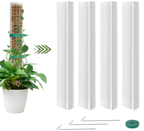 Vicloon Moosstab Rankhilfe, 4 Stück Kunststoff-Moosstange 61cm Monstera Pflanzstab, Pflanzenunterstützung Moss Pole Moosstab Transparent Rankhilfe für Zimmerpflanzen mit 3 Erdspieße und 1 Klett