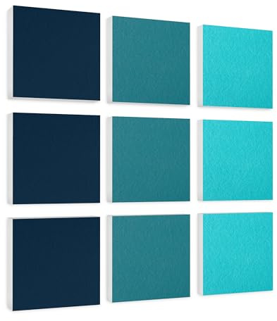 platino24 Akustikpaneele 9 Elemente Colore Quadrat 27,5 x 27,5cm Nachtblau + Petrol + Türkis I Schallabsorber aus Basotect G+ mit Akustikfilz I Schalldämmung Wand & Decke I Akustikelemente Wandpaneel