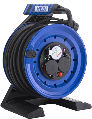 HEDI Vollkunststoff-Kabeltrommel Generation 7 Companion (Kabeltrommel-ø 250 mm, 25 m Gummi Leitung 2,5mm, spritzwassergeschützte 3-fach Schutzkontakt-Steckdose 250 V) K7A25G2TF