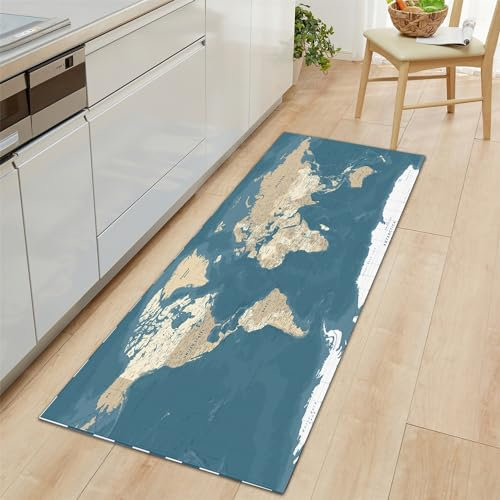 Küchenläufer Moderne Weltkarte Motiv Teppich Läufer 50x140cm, rutschfest Pflegeleicht Blau Teppich Läufer für Küche Flur Eingangsbereich Esszimmer