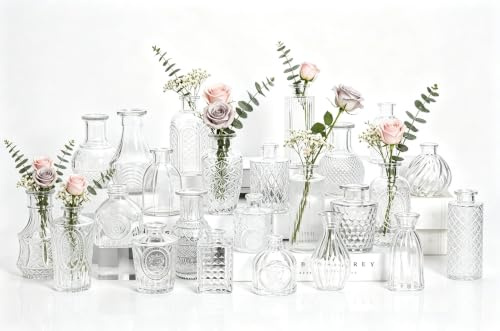 Kleine Glasvasen Set von 24, für Tischdekoration, Hochzeit, Empfang, Zuhause, Vintage-Flaschen, Transparent, Dekorative Glasvasen mit Deckeln(24, Transparent)